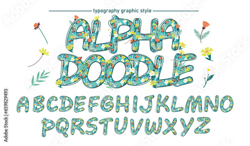 Doodle sketch cartoon style alphabet design set, small flowers and blue color, Cartoon english capital letters picture, This design for posters, postcards, clothing and many others.