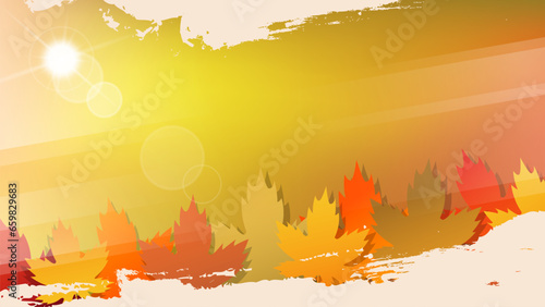 Autumn landscape background with autumn sun, maple leaves and brush strokes for Fall Season creative graphic design. Vector illustration.