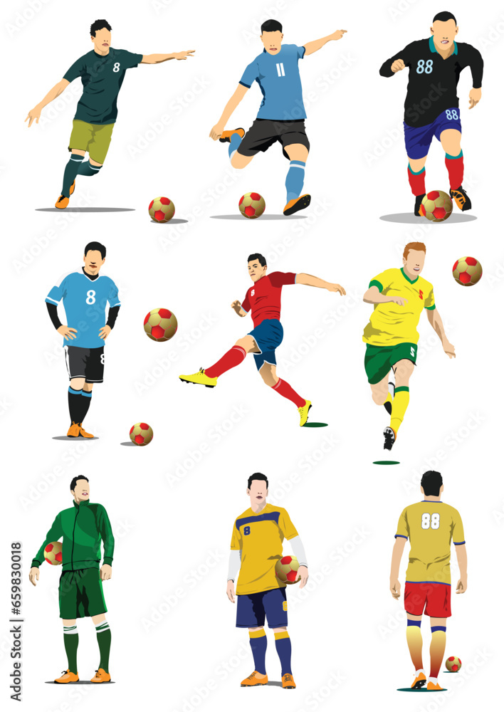 Big set of soccer players. 3d color vector illustration