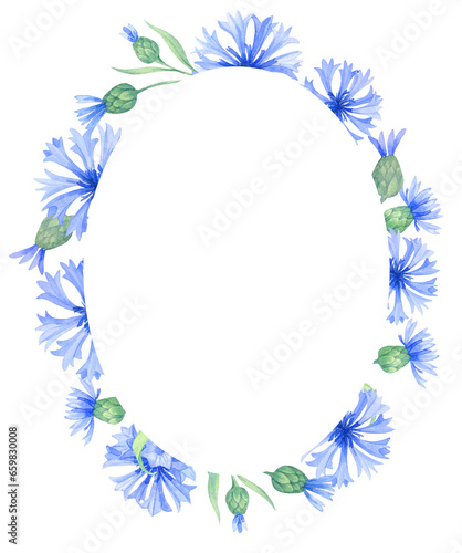 Frame with cornflower flowers. Watercolor illustration with blue flowers. Vintage square frame with herbs, flowers and leaves