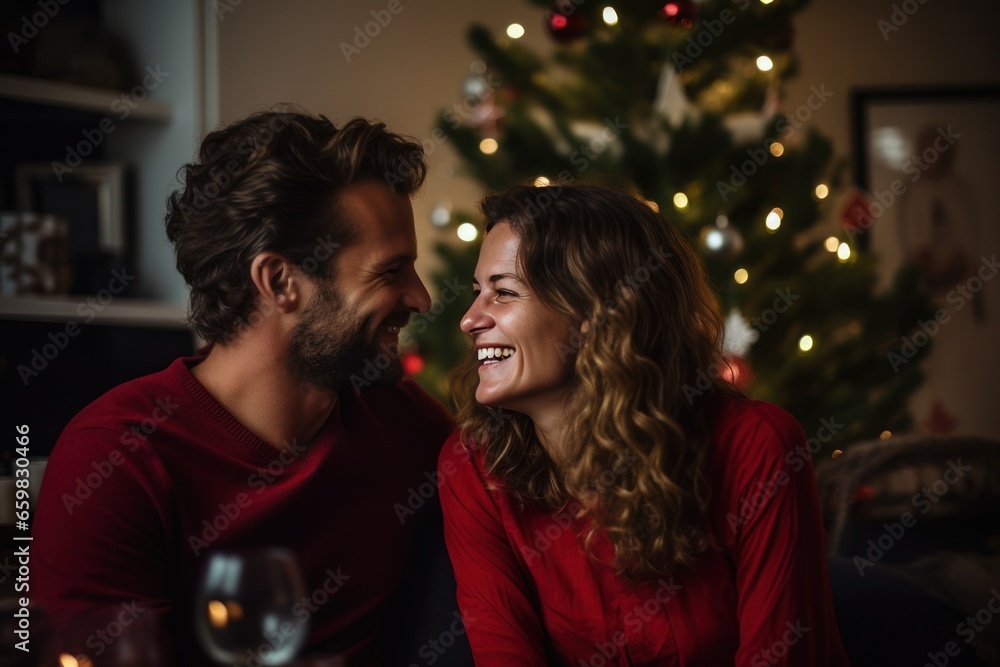 Joyful middle aged couple, a man and woman, next to it there is a Christmas decoration tree in the home.