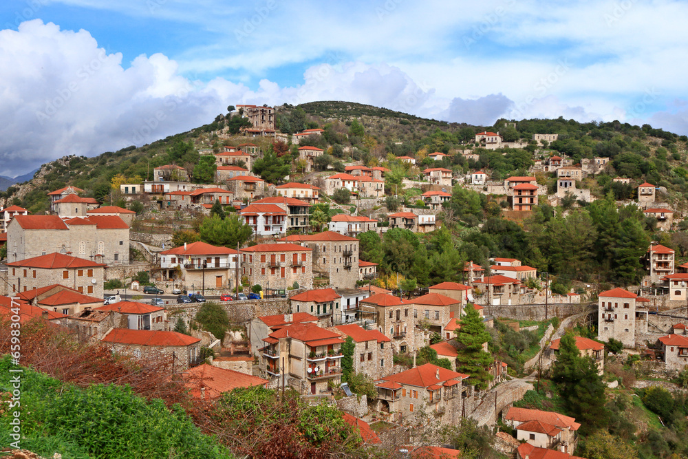 Karytaina village, a beautiful, traditional settlement with old houses with tile roofs, in the mountains of Arcadia region, in Peloponnese, Greece, Europe