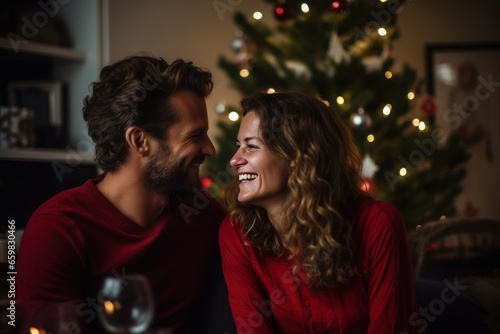 Joyful middle aged couple, a man and woman, next to it there is a Christmas decoration tree in the home.