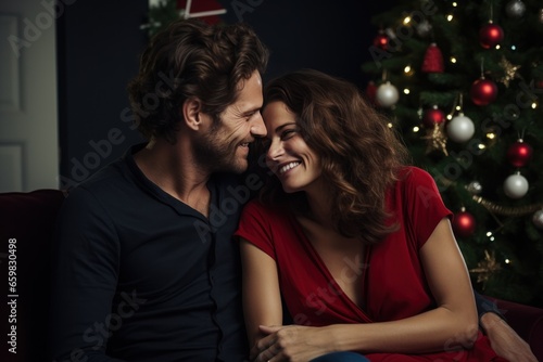 Joyful middle aged couple, a man and woman, next to it there is a Christmas decoration tree in the home. © radekcho