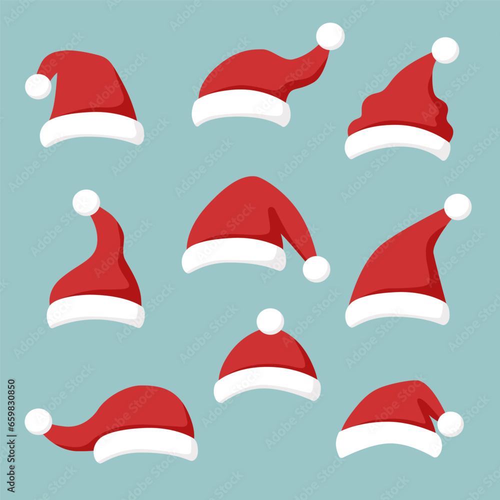 Set of Santas hats in the flat style. Christmas concept. Set of Santas hats in the flat style. Christmas concept.