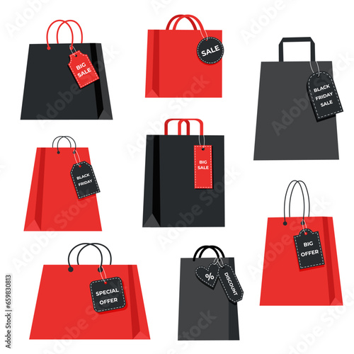 Set of shopping bags with tags on white background. Black Friday concept. Sale concept. Shopping concept. 