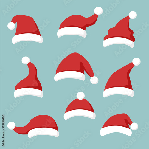 Set of Santas hats in the flat style. Christmas concept.