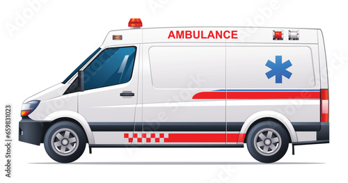 Ambulance car side view vector illustration. Emergency medical service vehicle isolated on white background