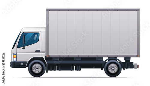 Box truck vector illustration. Cargo delivery truck side view isolated on white background