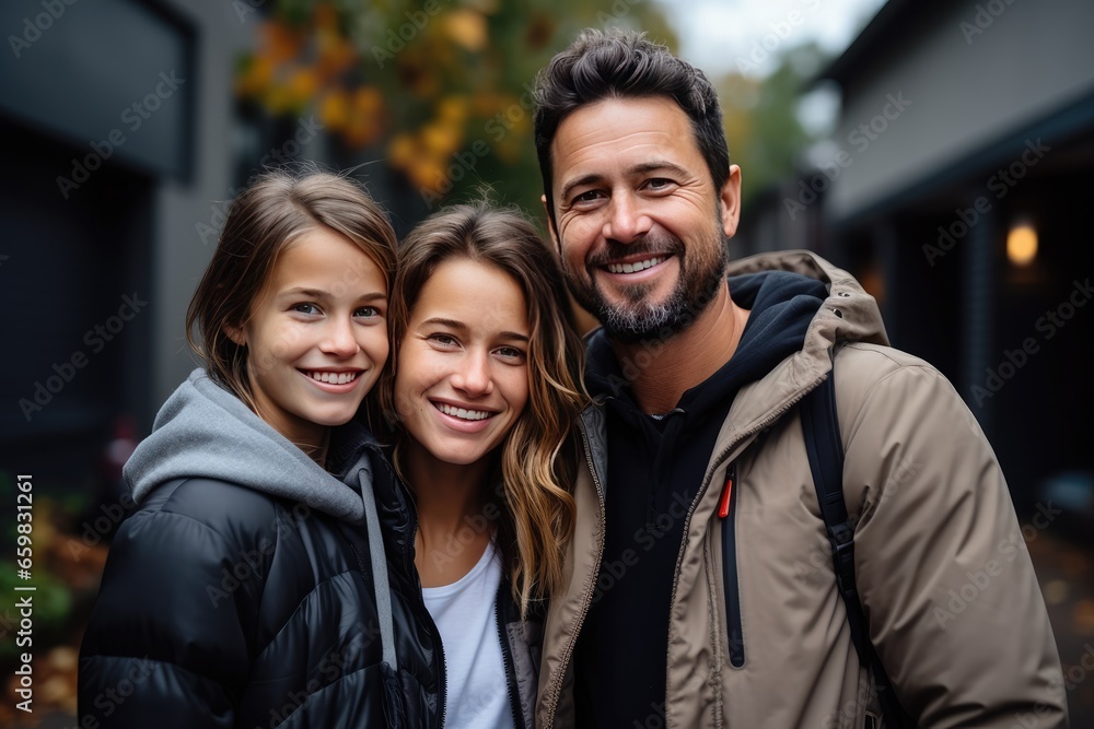 A happy husband, wife, and their daughter smiling in front of a large house. A new concept of home, creating a family A happy husband, wife, and their daughter smiling in front of a large house. A new concept of home, creating a family