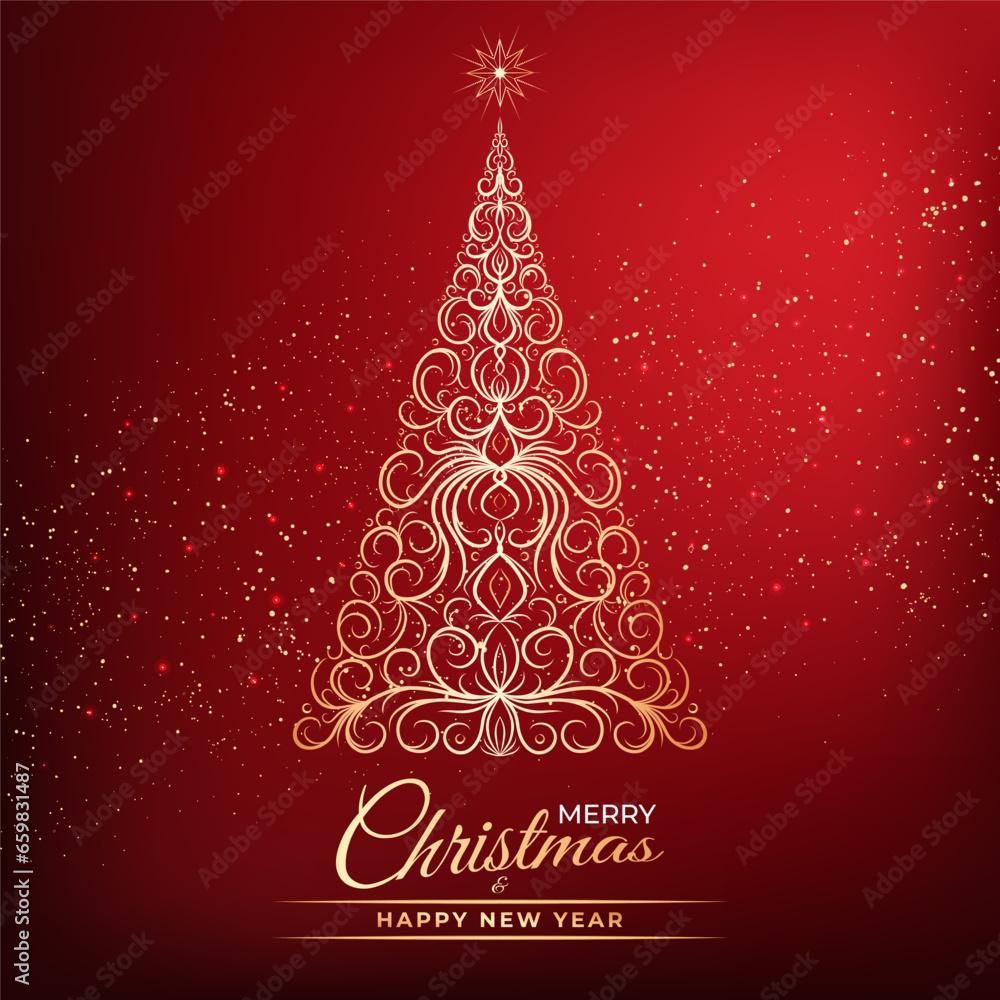 Decorative card of golden Christmas tree, star, text. Lettering Happy New Year, Merry Christmas symbol, ornate elements for winter holidays, Xmas design. Vector sketch illustration on red background Decorative card of golden Christmas tree, star, text. Lettering Happy New Year, Merry Christmas symbol, ornate elements for winter holidays, Xmas design. Vector sketch illustration on red background