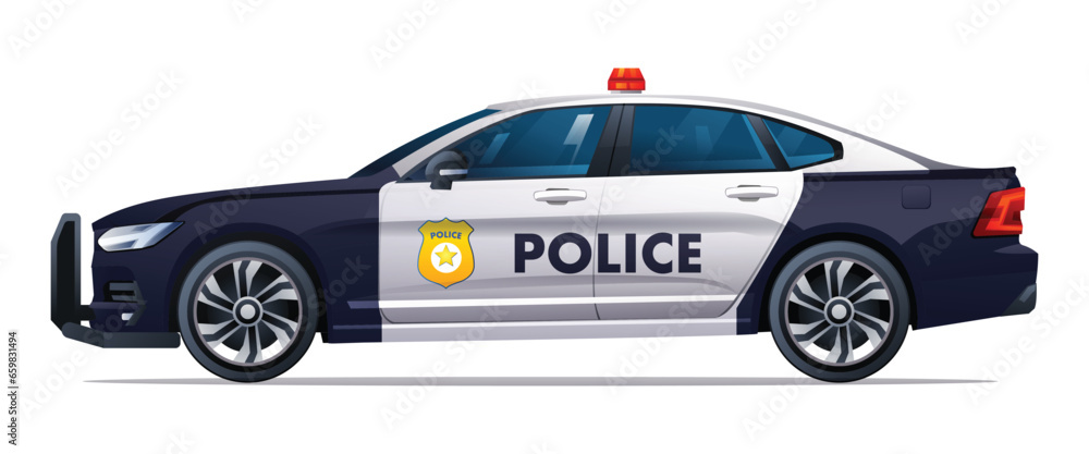 Police car vector illustration. Patrol official vehicle, side view car isolated on white background
