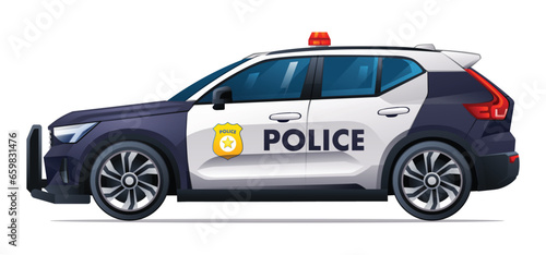Police car vector illustration. Patrol official vehicle, suv car side view isolated on white background