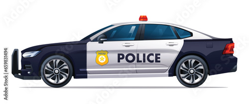 Police car vector illustration. Patrol official vehicle, side view car isolated on white background photo