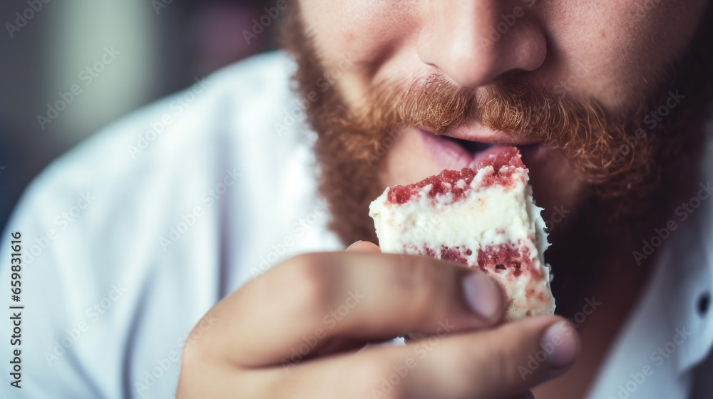Happy man biting cream cake in the cafe closeup Happy man biting cream cake in the cafe closeup