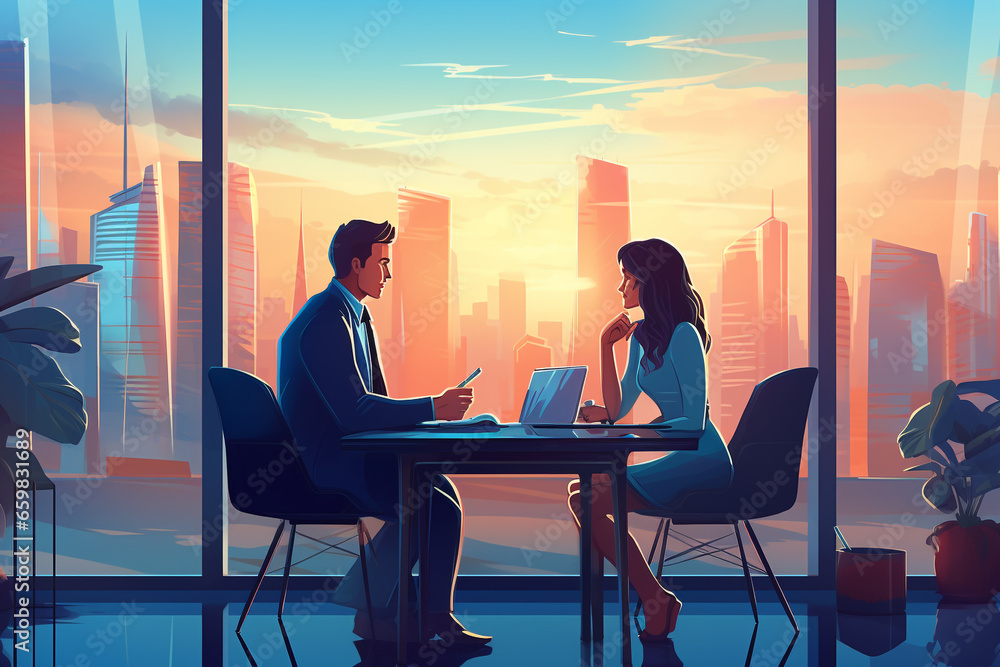 Businessman and businesswoman sitting at table in office with city view. Concept of teamwork