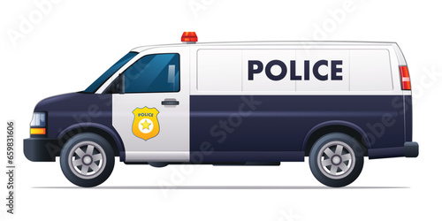 Police car vector illustration. Patrol official vehicle, side view van car isolated on white background