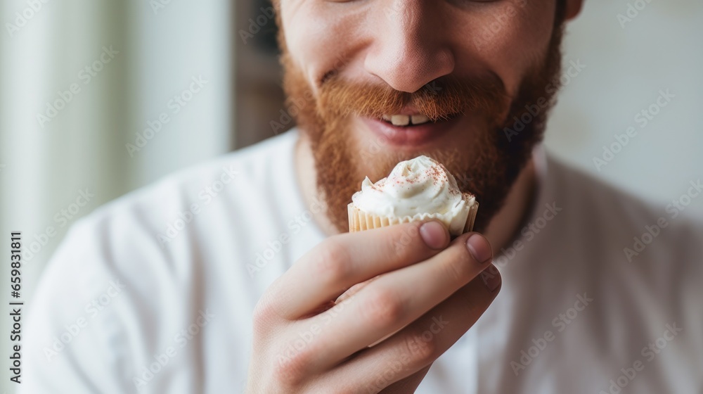 Happy man biting cream cake in the cafe closeup Happy man biting cream cake in the cafe closeup