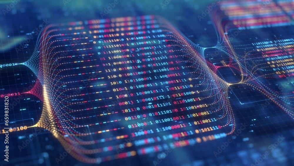Big data technology and data science abstract background. Data scientist querying. Analysing and visualizing artificial intelligence on virtual screen. AI Data flow concept. Finance neural network ML.