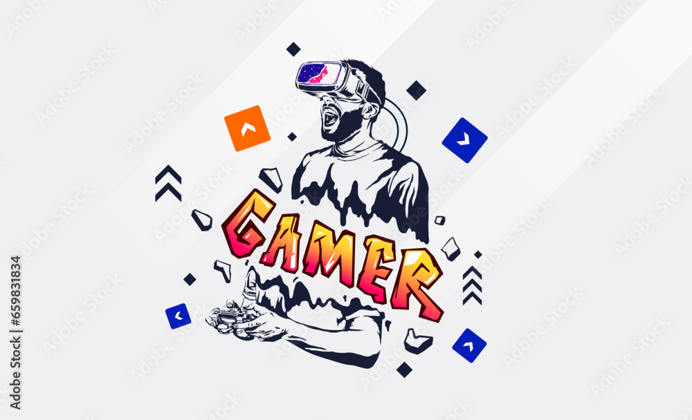 illustration of a gamer playing a virtual game with abstract objects decorated around him. game lover illustration of a gamer playing a virtual game with abstract objects decorated around him. game lover