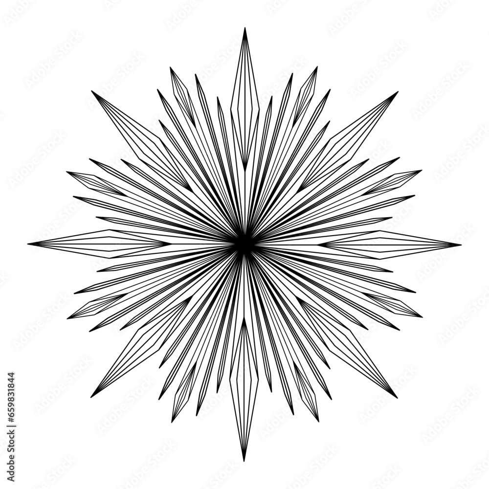 Fototapeta premium Hand drawn star, starburst, sunburst. Magic round symbol bursting sun rays. Bohemian circle talisman, antique style, boho, tattoo, logo. Vector sketch illustration isolated on white background