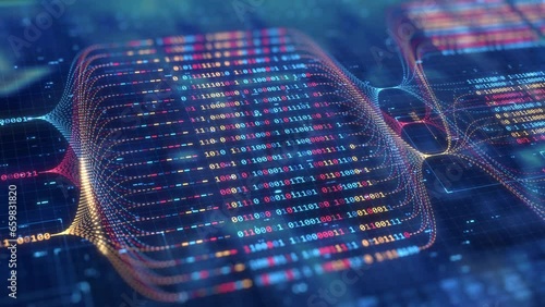 Big data technology and data science abstract background. Data scientist querying. Analysing and visualizing artificial intelligence on virtual screen. AI Data flow concept. Finance neural network ML.