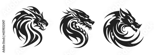Tribal tattoo of the dragon head silhouette ornament flat style design vector illustration set isolated on white background. Chinese symbol and fantasy mascot monster for design ideas and tattoos.