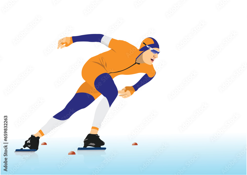 Speed skating runner poster. Vector 3d illustration