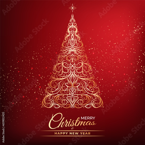 Decorative card of golden Christmas tree, star, text. Lettering Happy New Year, Merry Christmas symbol, ornate elements for winter holidays, Xmas design. Vector sketch illustration on red background
