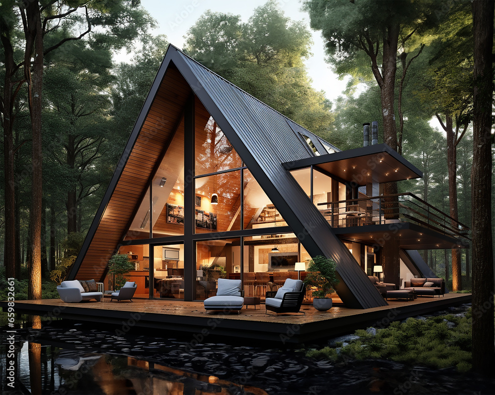 Fototapeta premium A modern A-frame residential structure, standing tall in suburban tranquility