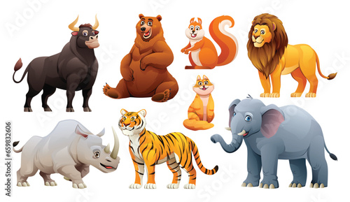 Set of animals vector cartoon illustration. Bull, bear, squirrel, lion, rhino, tiger, cat and elephant © YG Studio