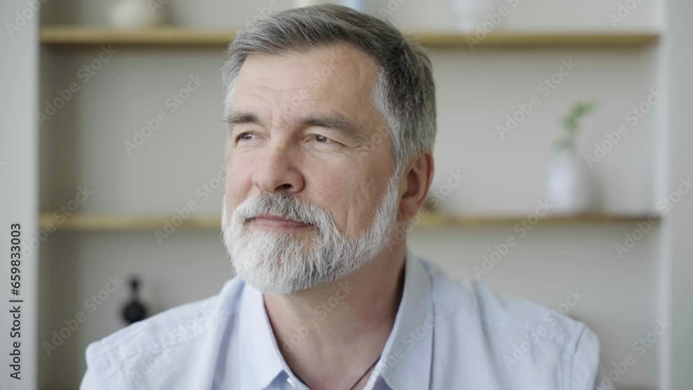 Senior old gray-haired man looking at camera, serious happy elder mature grandfather with smile posing for close up video portrait alone at home or retirement house, older people health care Senior old gray-haired man looking at camera, serious happy elder mature grandfather with smile posing for close up video portrait alone at home or retirement house, older people health care