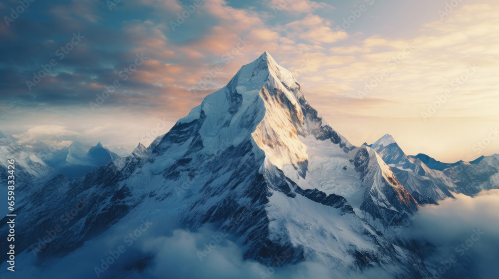 Mountain Majesty at Golden Hour: A Drone's Snowy Summit View