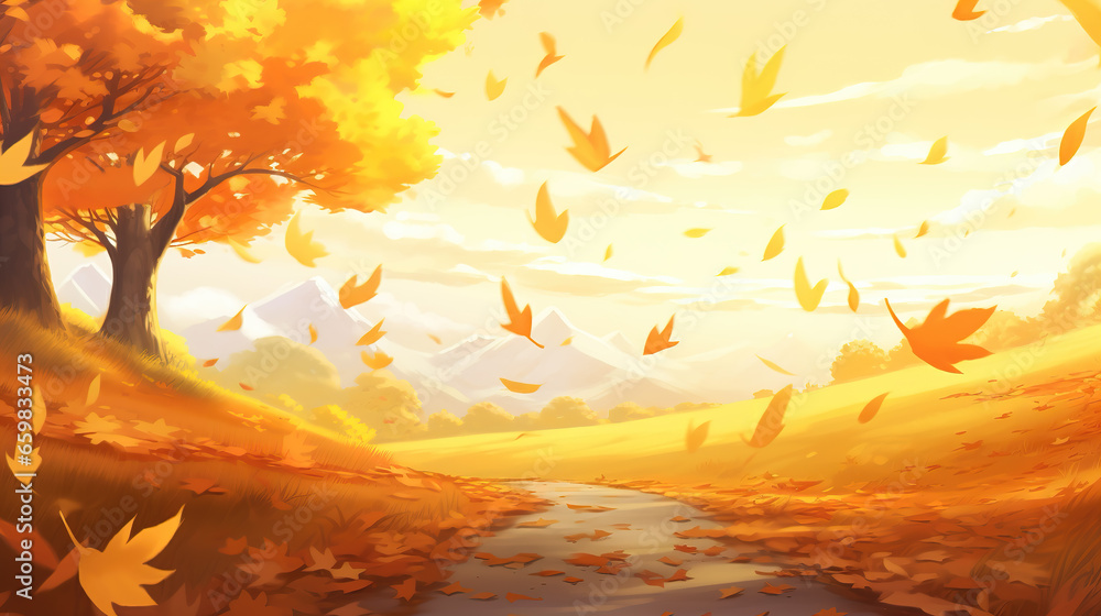 leaves in a blowing wind, autumn manga wallpaper, ai generated image - obrazy, fototapety, plakaty 