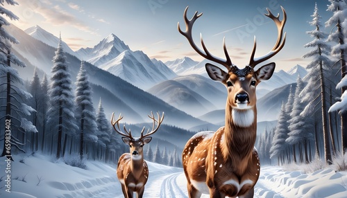 Christmas Deer Winter Poster Deer With Antlers. Magical Winter Feeling in The Snowy Forest. Generative AI.