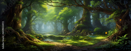 Smoky forest background. Sunlight filters through the dense, emerald-green canopy of leaves, casting dappled shadows on the forest floor and evoking a sense of wonder