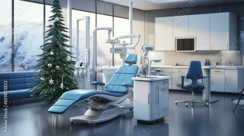 A dental office with a christmas tree , AI