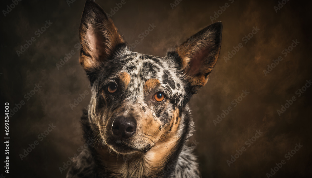 Australian Cattle Dog Happy Dog Portrait Illustration, Canine Looking at Camera Dark Background Australian Cattle Dog Happy Dog Portrait Illustration, Canine Looking at Camera Dark Background