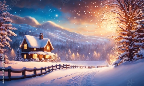 Christmas background  - snow landscape with sparkling lights, Generative AI