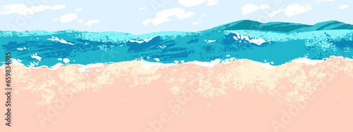 Sunny landscape, summer seascape background. Ocean with foam, blue sea. Abstract sand beach, blue water with waves, textured coast, seaside backdrop. Flat vector illustration