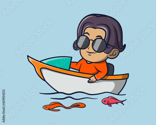 vector illustration of funny man in glasses driving a motorboat. transportation icon concept
