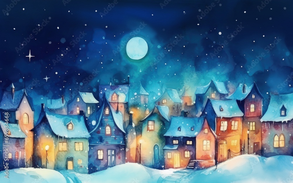 Winter landscape of a night city, village. Houses are standing in the snow, Christmas night, Christmas home decoration, Christmas greeting card, art illustration painted watercolour, generative ai