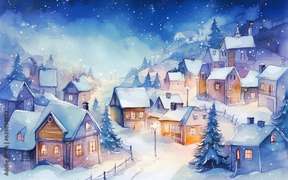 Winter landscape of a night city, village. Houses are standing in the snow, Christmas night, Christmas home decoration, Christmas greeting card, art illustration painted watercolour, generative ai