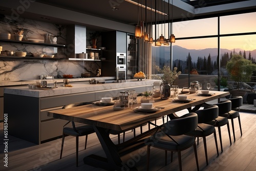 Open kitchen with mountain view   hanging lights. 