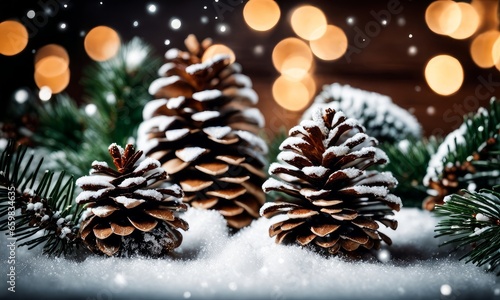 Christmas Fir tree branches and pine cones background, Generative AI