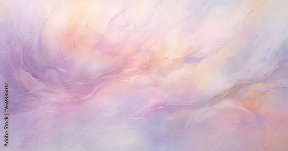 A mesmerizing blend of soft pastel watercolor strokes that seem to dance across the canvas. The delicate hues of lavender, blush pink, and baby blue create a dreamy and ethereal atmosphere