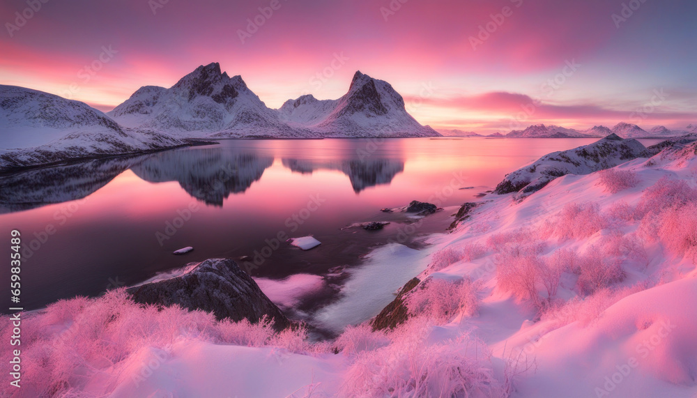 Pink Winter Sunrise Over Stortind Mountain Peak
