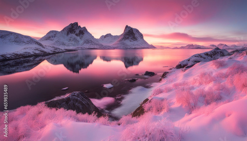 Pink Winter Sunrise Over Stortind Mountain Peak © Abood