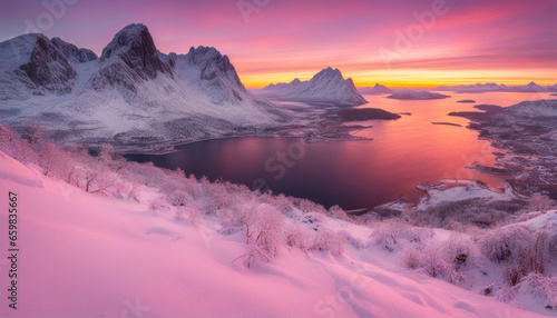 Pink Winter Sunrise Over Stortind Mountain Peak photo