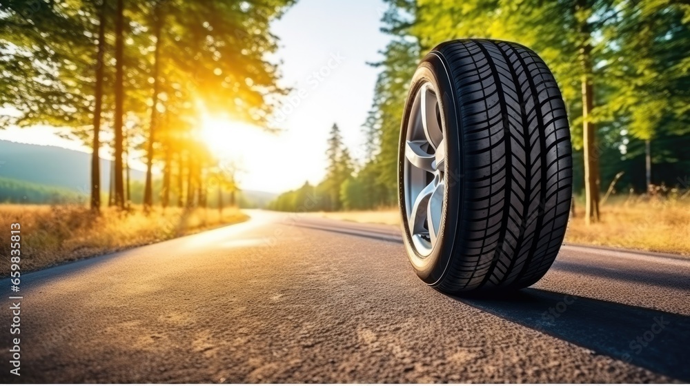 car wheel on a asphalt road at sunlight